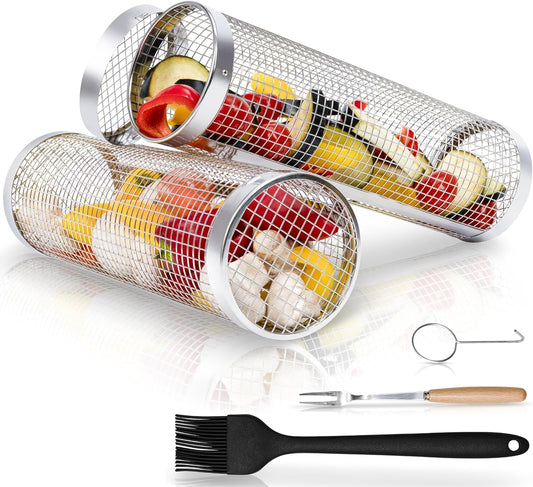 Stainless Steel Rolling Grill Baskets with Accessories Set